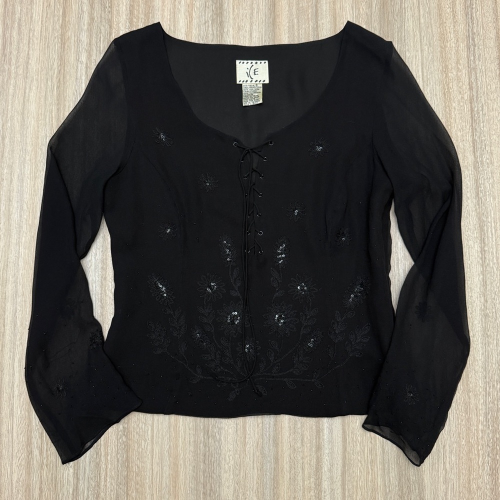 Y2K Vintage Beaded Long Sleeve Top 100% Silk in Black ICE Brand Size Small
